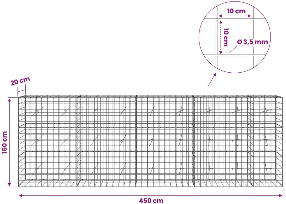 Gabionas su 3,5 mm viela ir 10x10 cm tinkleliu 450x20x150 cm