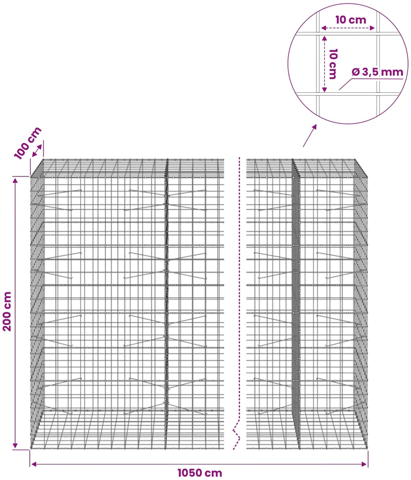 Gabionas su 3,5 mm viela ir 10x10 cm tinkleliu 1050x100x200 cm