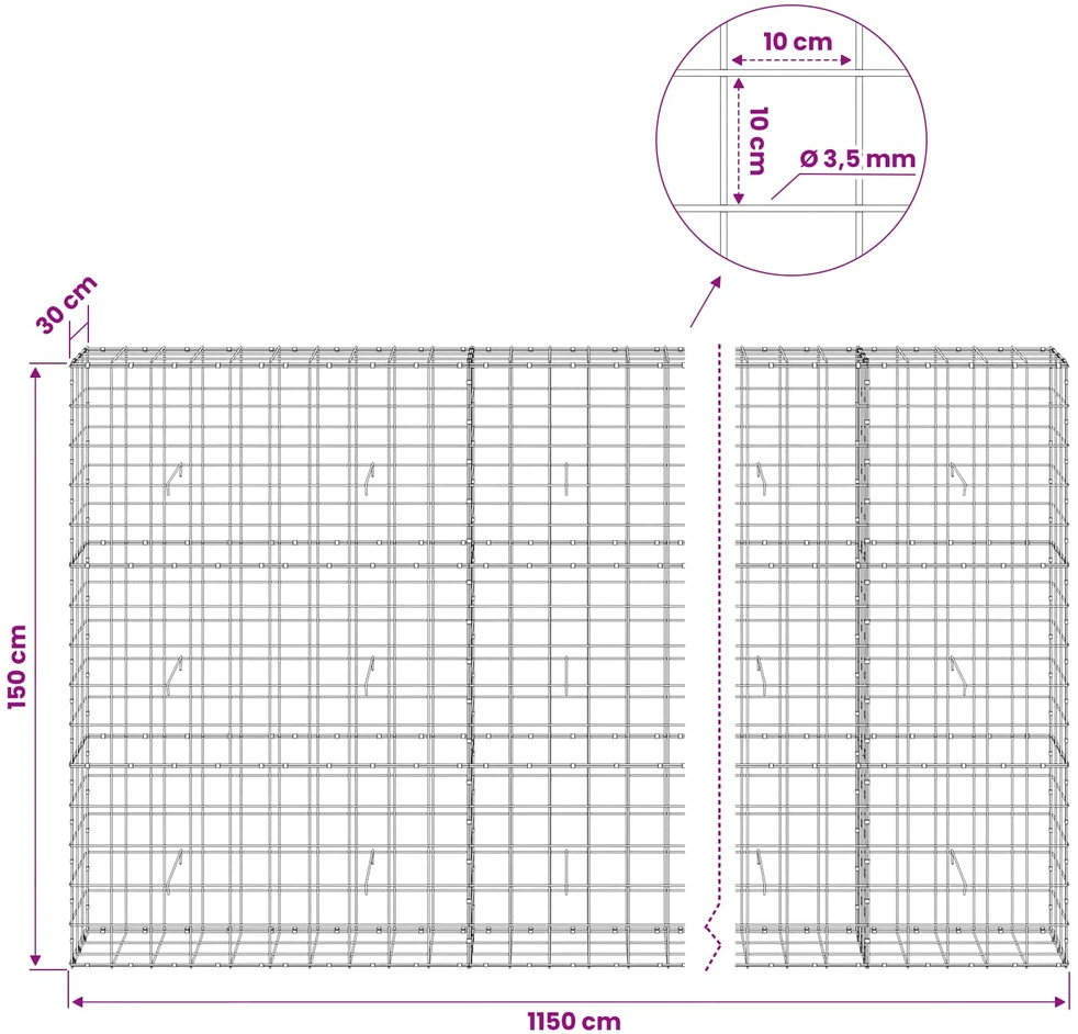 Gabionas su 3,5 mm viela ir 10x10 cm tinkleliu 1150x30x150 cm