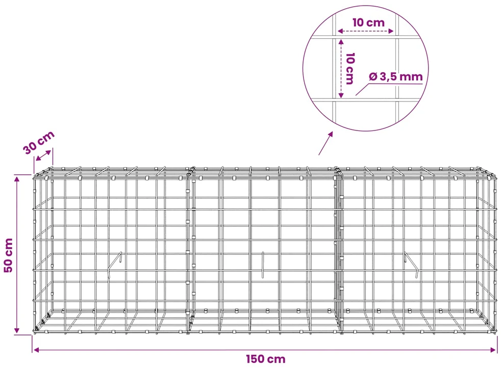 Gabionas su 3,5 mm viela ir 10x10 cm tinkleliu 150x30x50 cm