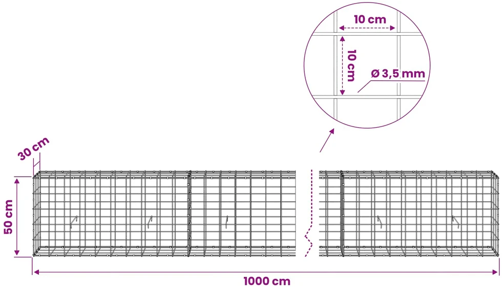 Gabionas su 3,5 mm viela ir 10x10 cm tinkleliu 1000x30x50 cm