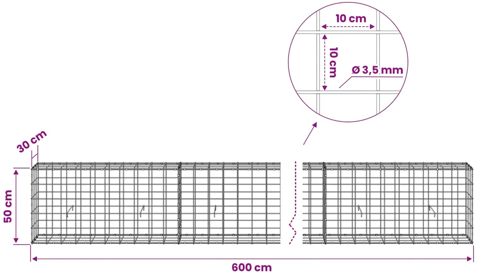 Gabionas su 3,5 mm viela ir 10x10 cm tinkleliu 600x30x50 cm