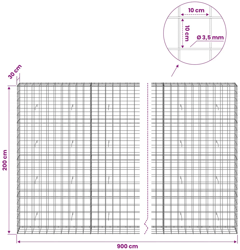 Gabionas su 3,5 mm viela ir 10x10 cm tinkleliu 900x30x200 cm