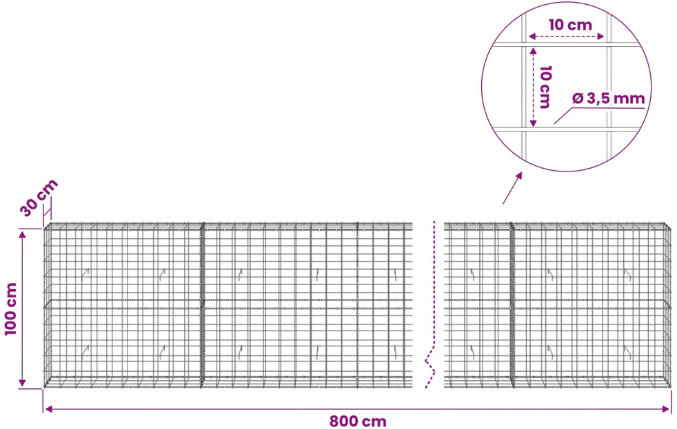 Gabionas su 3,5 mm viela ir 10x10 cm tinkleliu 800x30x100 cm