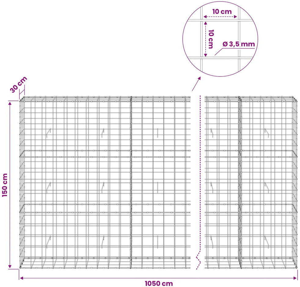 Gabionas su 3,5 mm viela ir 10x10 cm tinkleliu 1050x30x150 cm