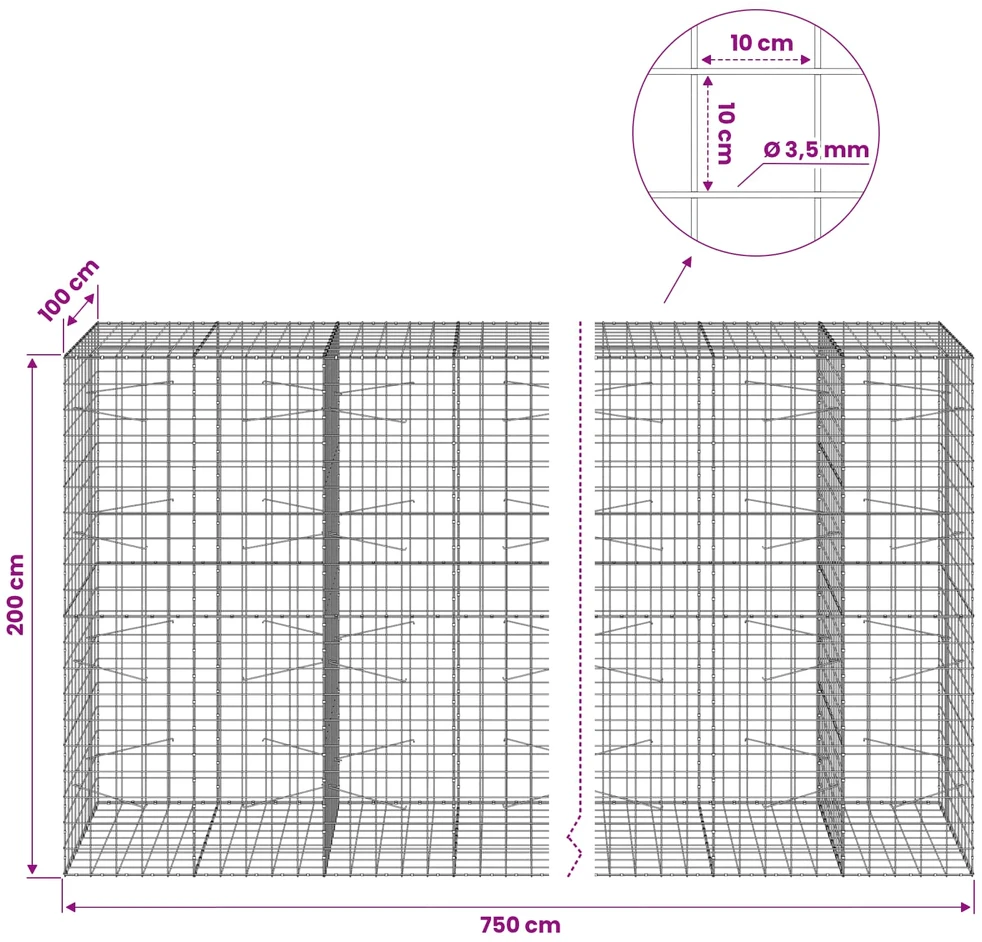 Gabionas su 3,5 mm viela ir 10x10 cm tinkleliu 750x100x200 cm