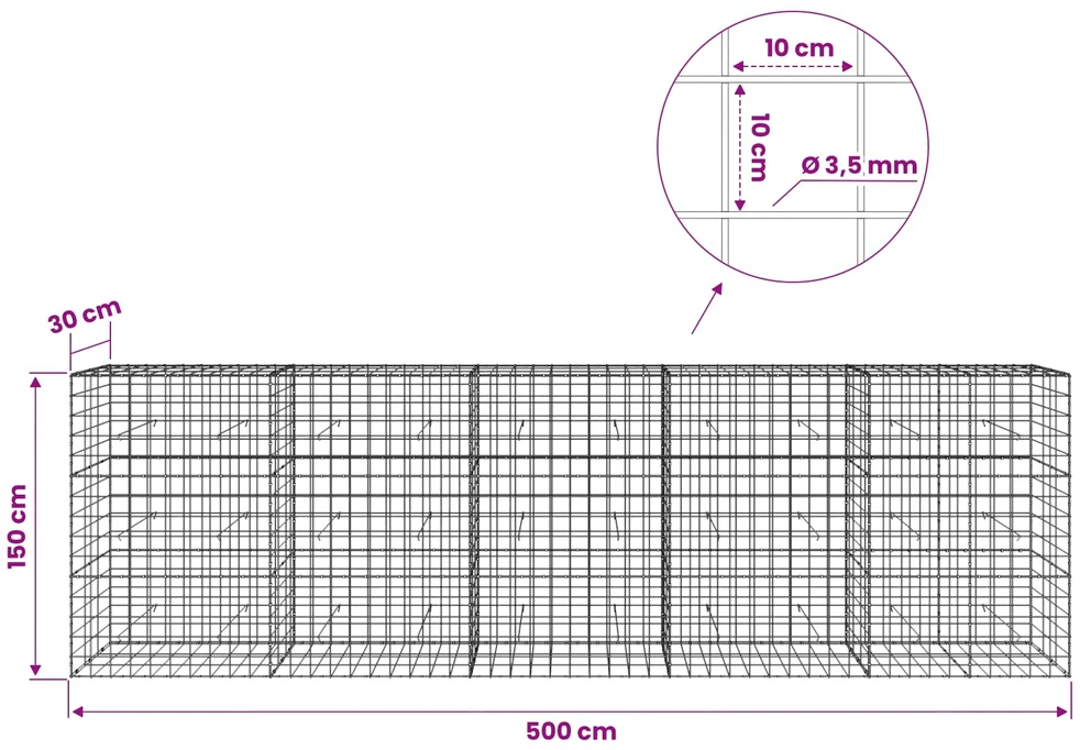 Gabionas su 3,5 mm viela ir 10x10 cm tinkleliu 500x30x150 cm
