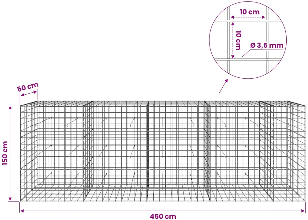 Gabionas su 3,5 mm viela ir 10x10 cm tinkleliu 450x50x150 cm