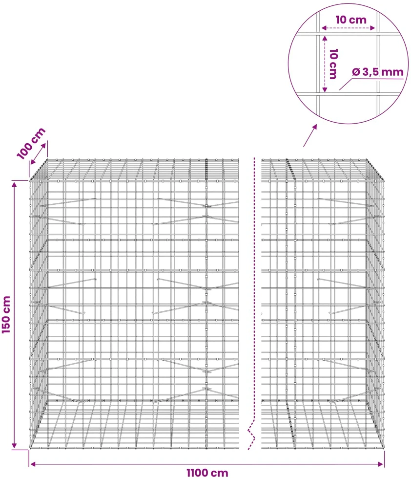 Gabionas su 3,5 mm viela ir 10x10 cm tinkleliu 1100x100x150 cm