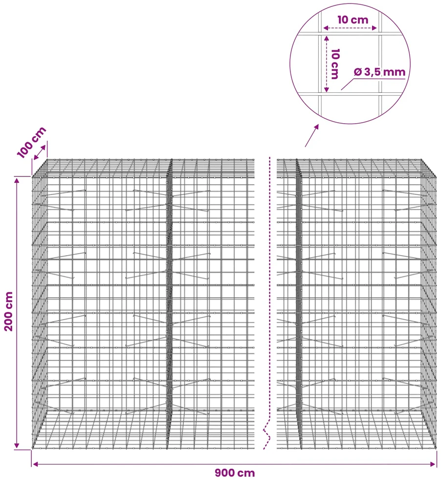 Gabionas su 3,5 mm viela ir 10x10 cm tinkleliu 900x100x200 cm