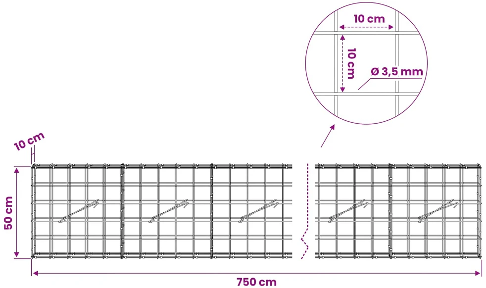 Gabionas su 3,5 mm viela ir 10x10 cm tinkleliu 750x10x50 cm