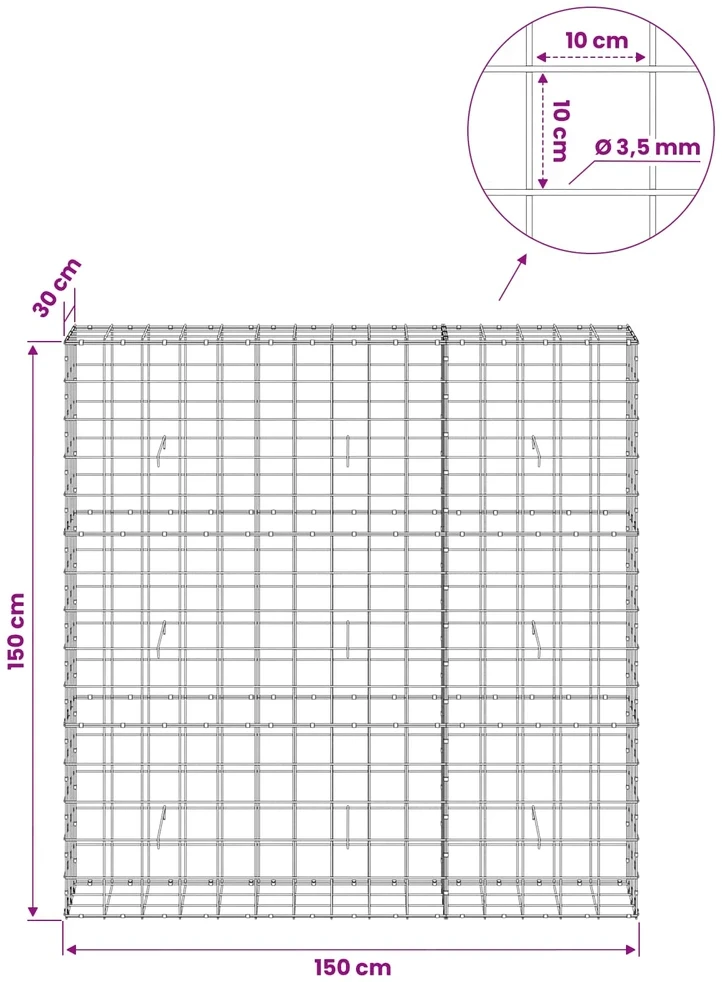 Gabionas su 3,5 mm viela ir 10x10 cm tinkleliu 150x30x150 cm