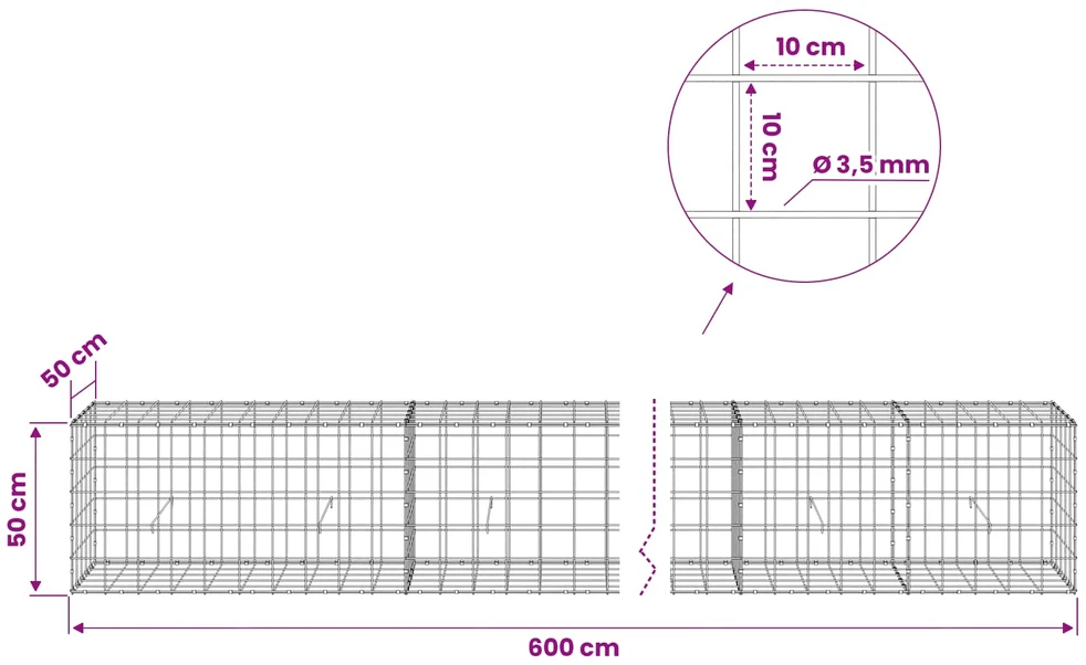 Gabionas su 3,5 mm viela ir 10x10 cm tinkleliu 600x50x50 cm