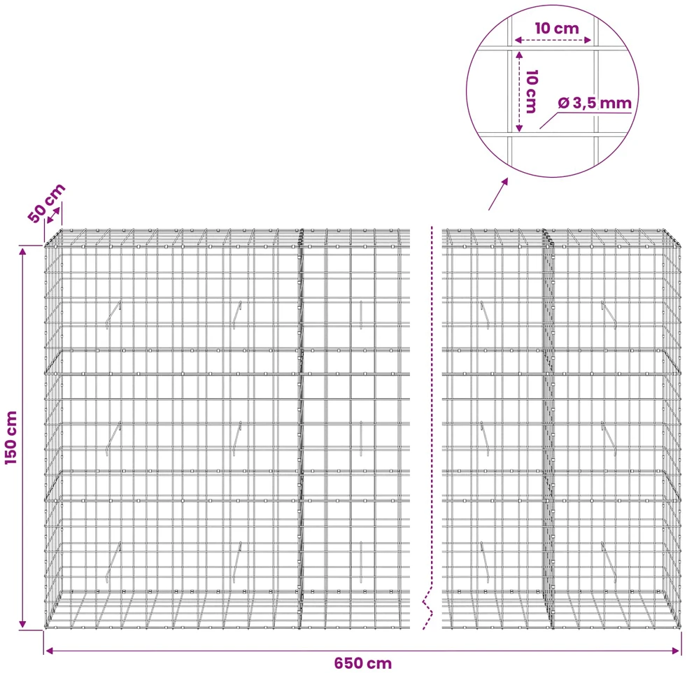 Gabionas su 3,5 mm viela ir 10x10 cm tinkleliu 650x50x150 cm