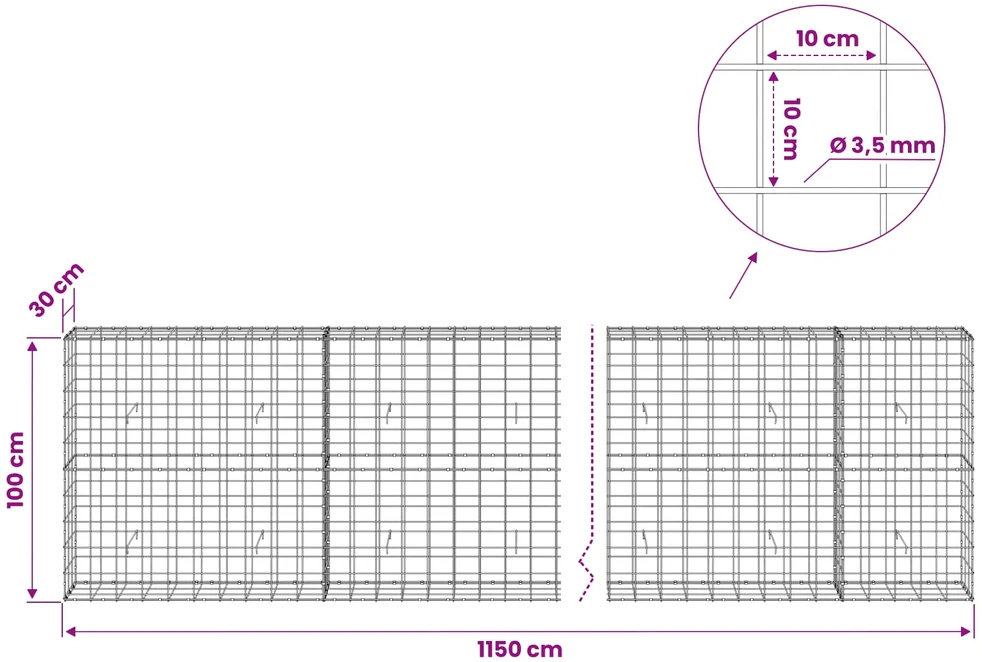 Gabionas su 3,5 mm viela ir 10x10 cm tinkleliu 1150x30x100 cm