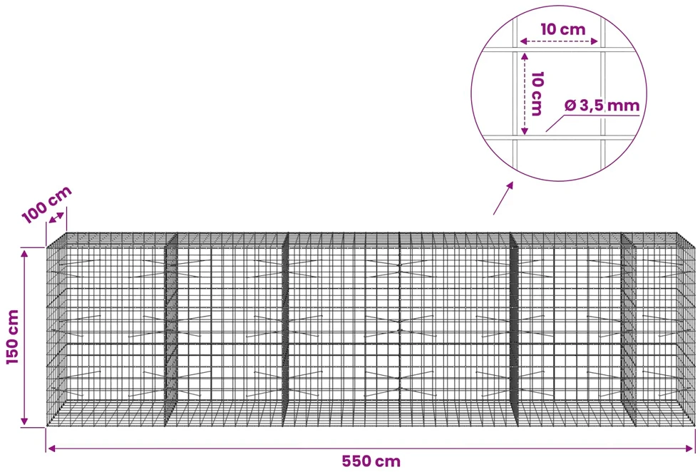 Gabionas su 3,5 mm viela ir 10x10 cm tinkleliu 550x100x150 cm