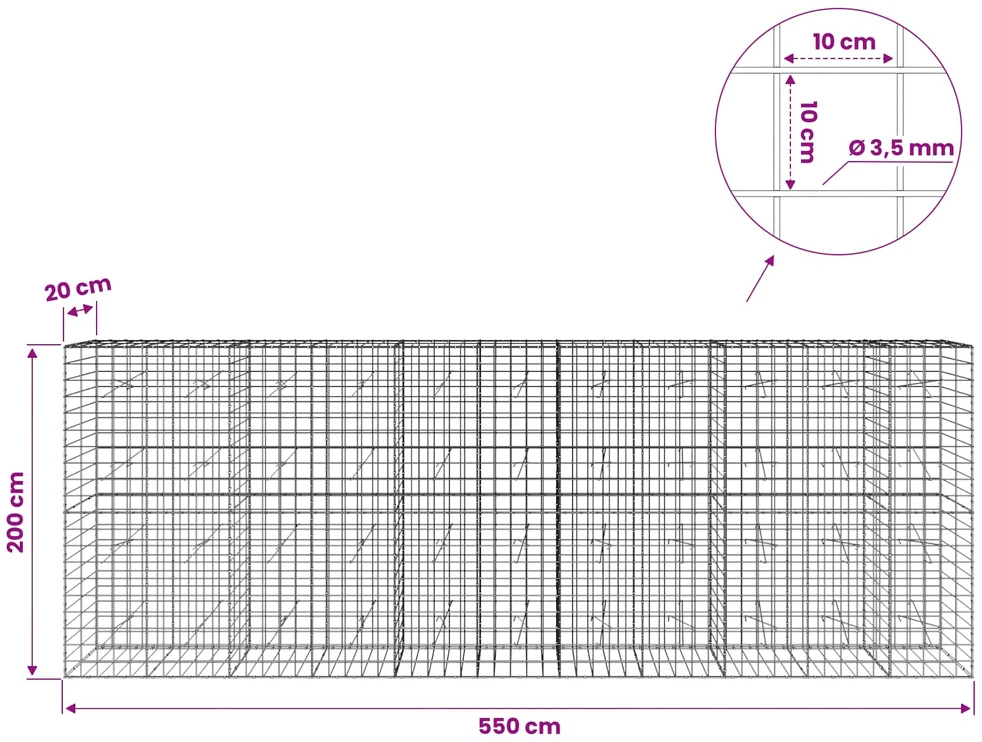Gabionas su 3,5 mm viela ir 10x10 cm tinkleliu 550x20x200 cm