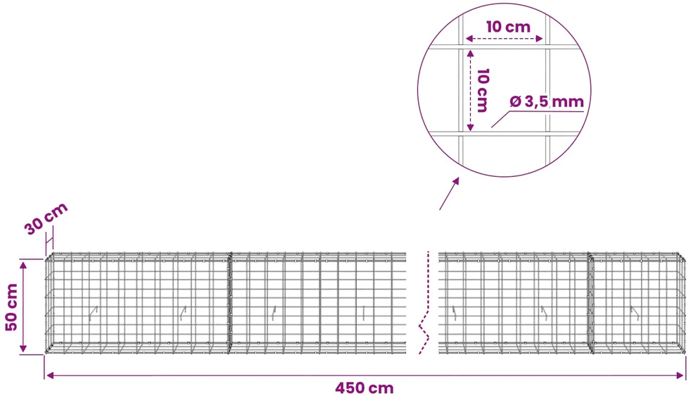Gabionas su 3,5 mm viela ir 10x10 cm tinkleliu 450x30x50 cm