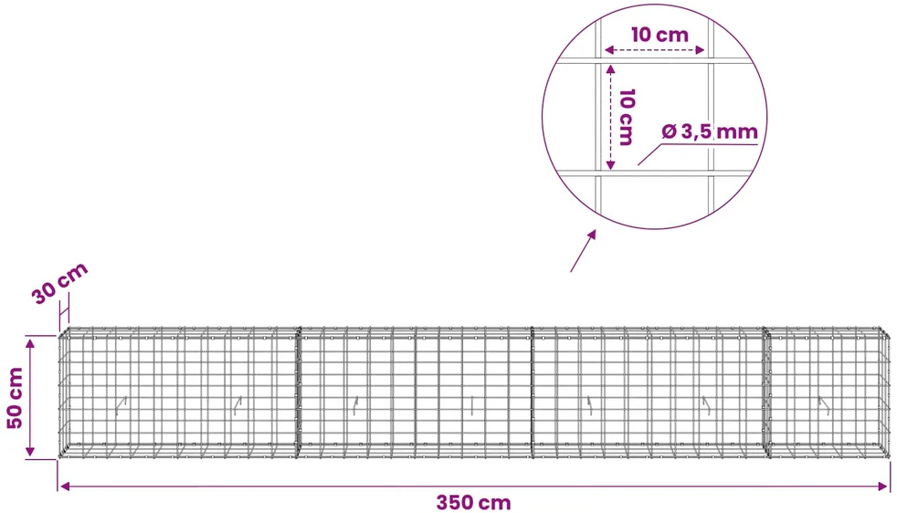 Gabionas su 3,5 mm viela ir 10x10 cm tinkleliu 350x30x50 cm
