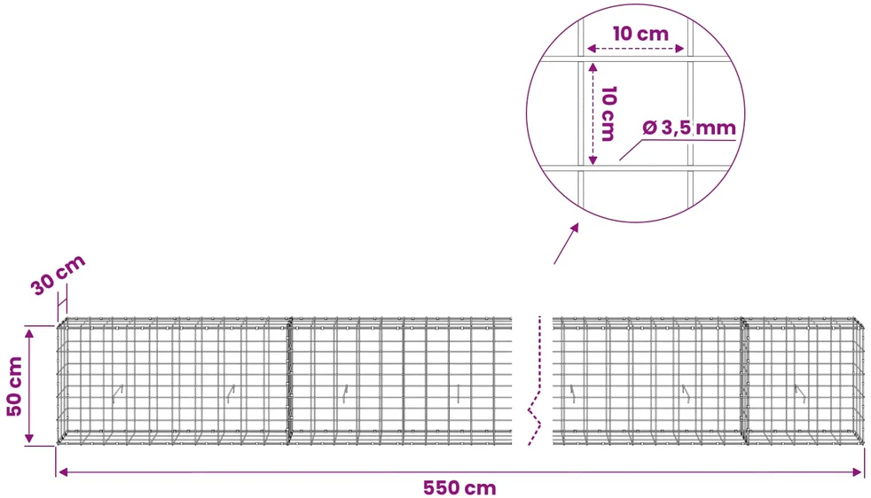 Gabionas su 3,5 mm viela ir 10x10 cm tinkleliu 550x30x50 cm