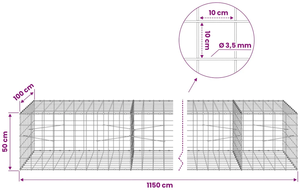 Gabionas su 3,5 mm viela ir 10x10 cm tinkleliu 1150x100x50 cm