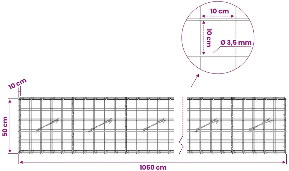 Gabionas su 3,5 mm viela ir 10x10 cm tinkleliu 1050x10x50 cm