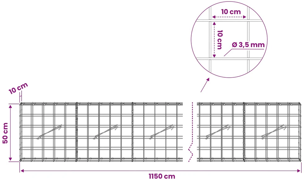 Gabionas su 3,5 mm viela ir 10x10 cm tinkleliu 1150x10x50 cm