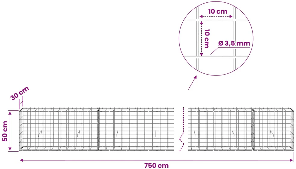 Gabionas su 3,5 mm viela ir 10x10 cm tinkleliu 750x30x50 cm