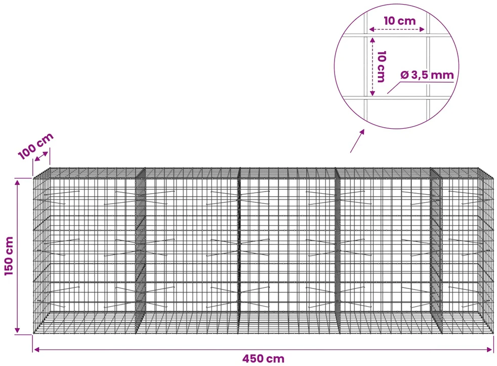 Gabionas su 3,5 mm viela ir 10x10 cm tinkleliu 450x100x150 cm