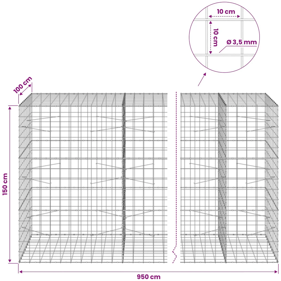 Gabionas su 3,5 mm viela ir 10x10 cm tinkleliu 950x100x150 cm