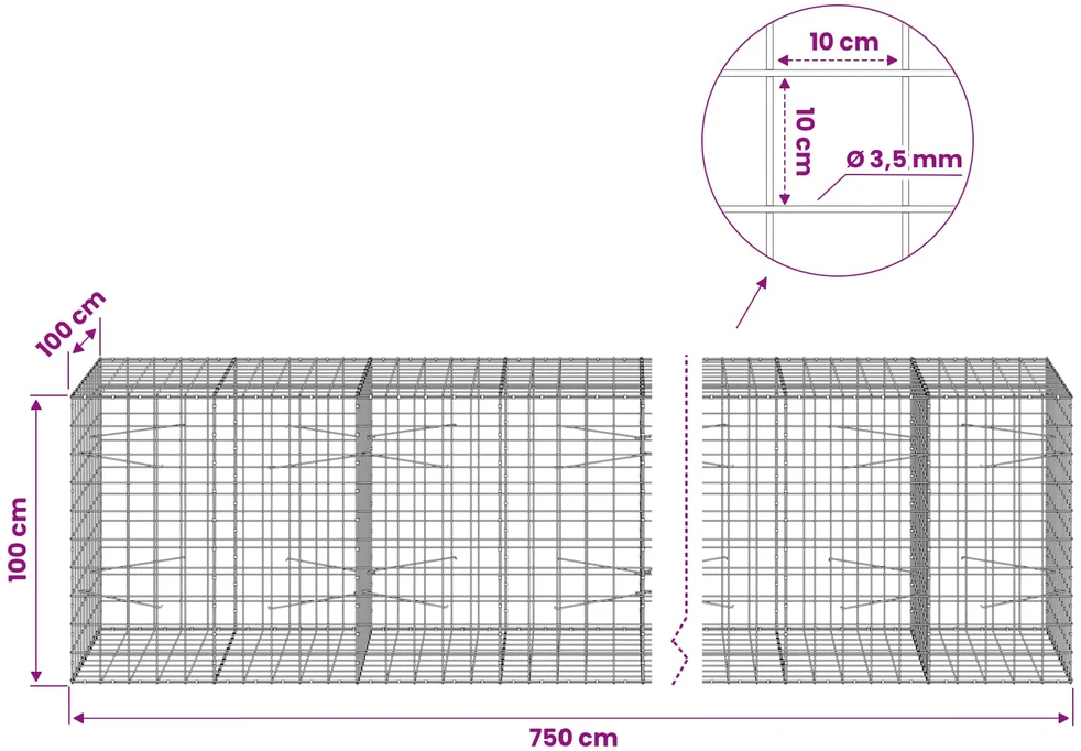 Gabionas su 3,5 mm viela ir 10x10 cm tinkleliu 750x100x100 cm