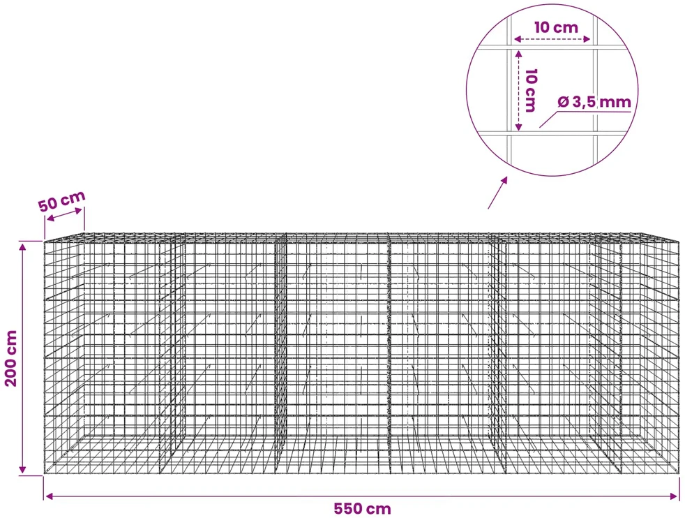 Gabionas su 3,5 mm viela ir 10x10 cm tinkleliu 550x50x200 cm