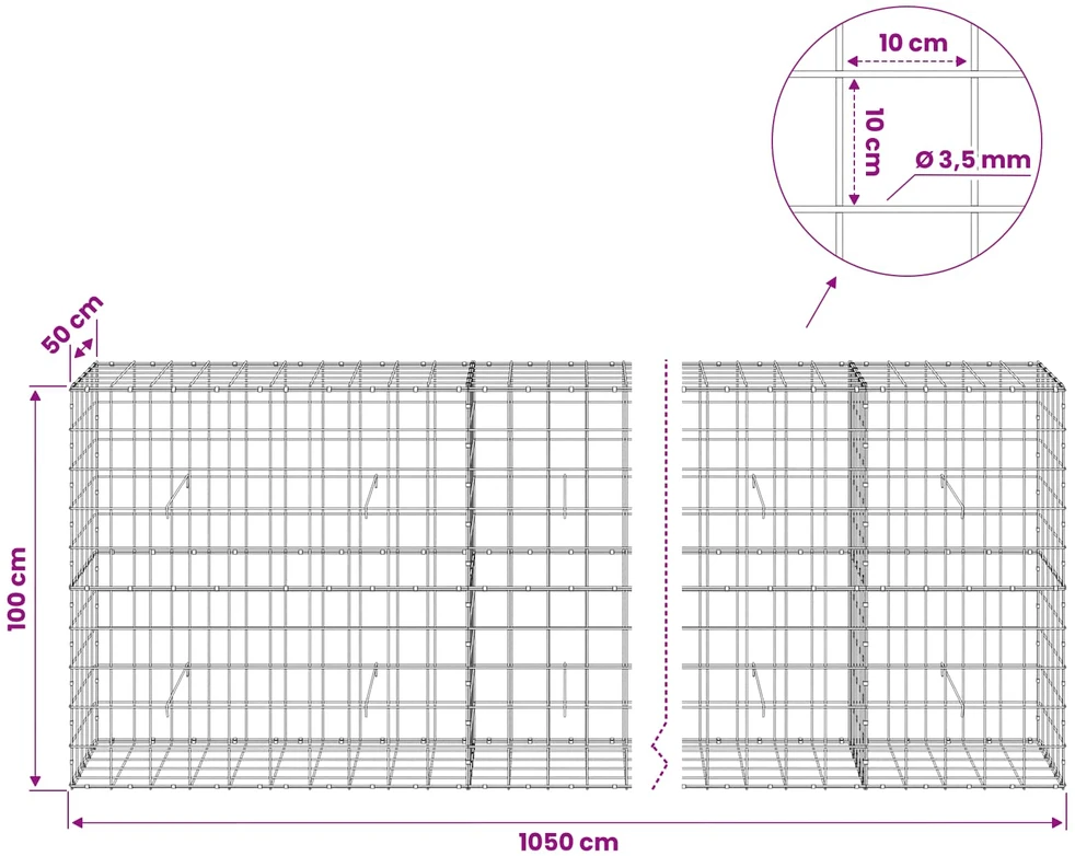 Gabionas su 3,5 mm viela ir 10x10 cm tinkleliu 1050x50x100 cm