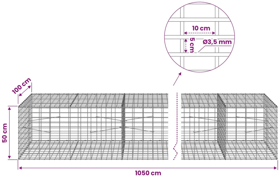 Gabionas su 3,5 mm viela ir 5x10 cm tinkleliu 1050x100x50 cm