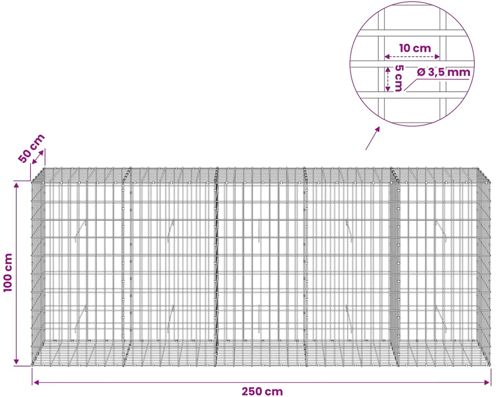 Gabionas su 3,5 mm viela ir 5x10 cm tinkleliu 250x50x100 cm