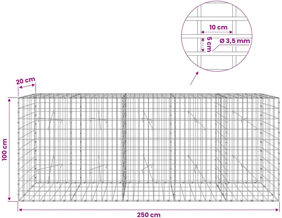 Gabionas su 3,5 mm viela ir 5x10 cm tinkleliu 250x20x100 cm