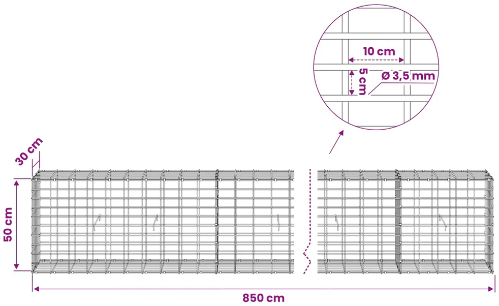Gabionas su 3,5 mm viela ir 5x10 cm tinkleliu 850x30x50 cm