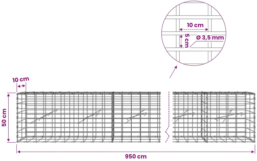 Gabionas su 3,5 mm viela ir 5x10 cm tinkleliu 950x10x50 cm
