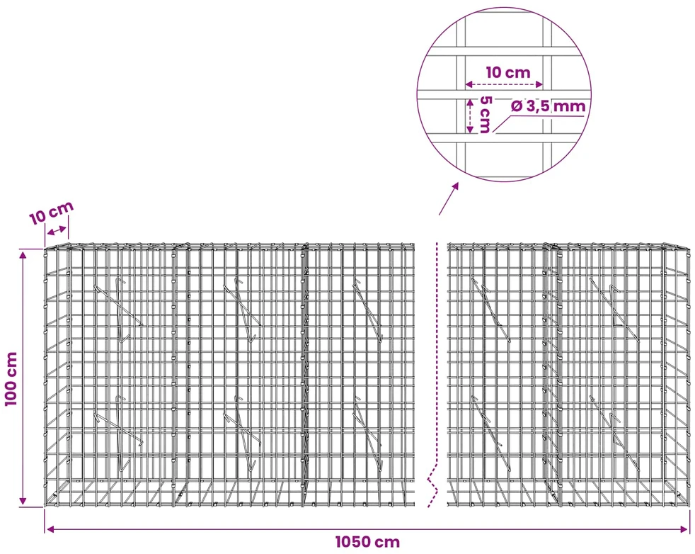 Gabionas su 3,5 mm viela ir 5x10 cm tinkleliu 1050x10x100 cm