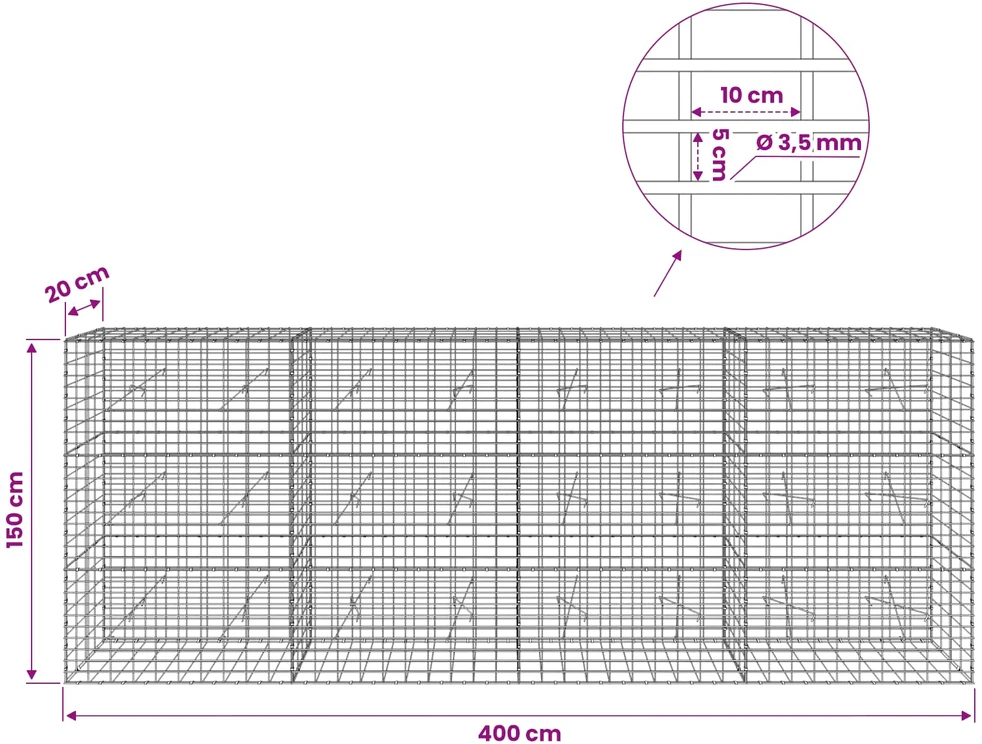 Gabionas su 3,5 mm viela ir 5x10 cm tinkleliu 400x20x150 cm