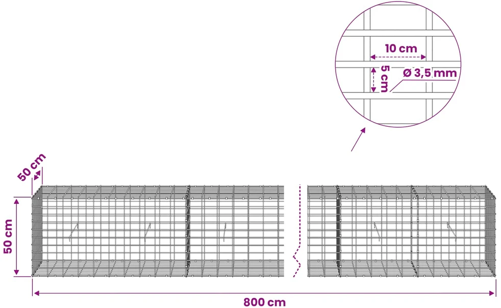 Gabionas su 3,5 mm viela ir 5x10 cm tinkleliu 800x50x50 cm