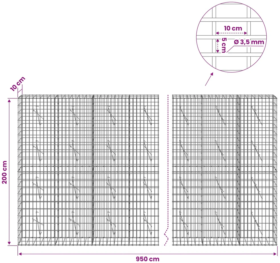 Gabionas su 3,5 mm viela ir 5x10 cm tinkleliu 950x10x200 cm