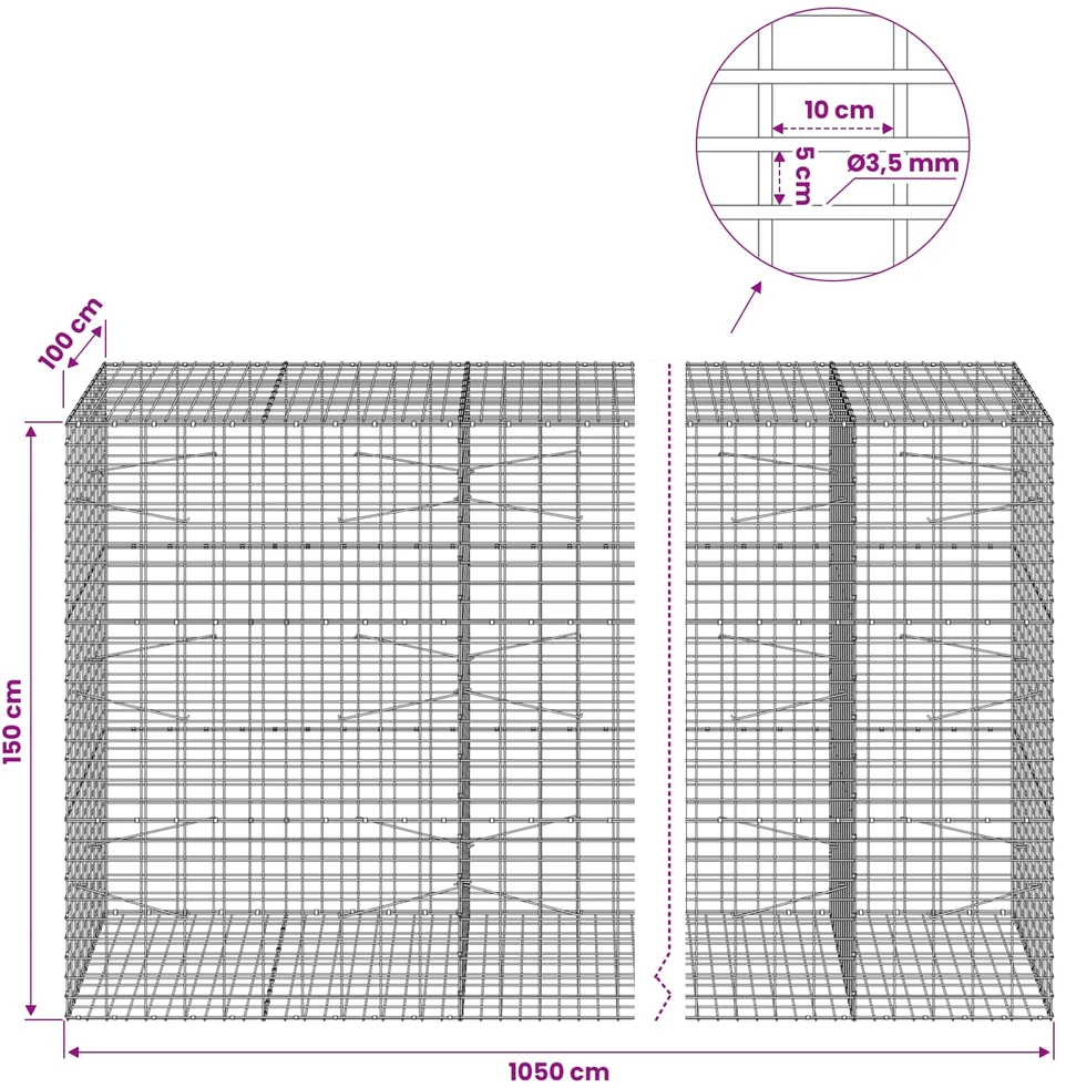 Gabionas su 3,5 mm viela ir 5x10 cm tinkleliu 1050x100x150 cm