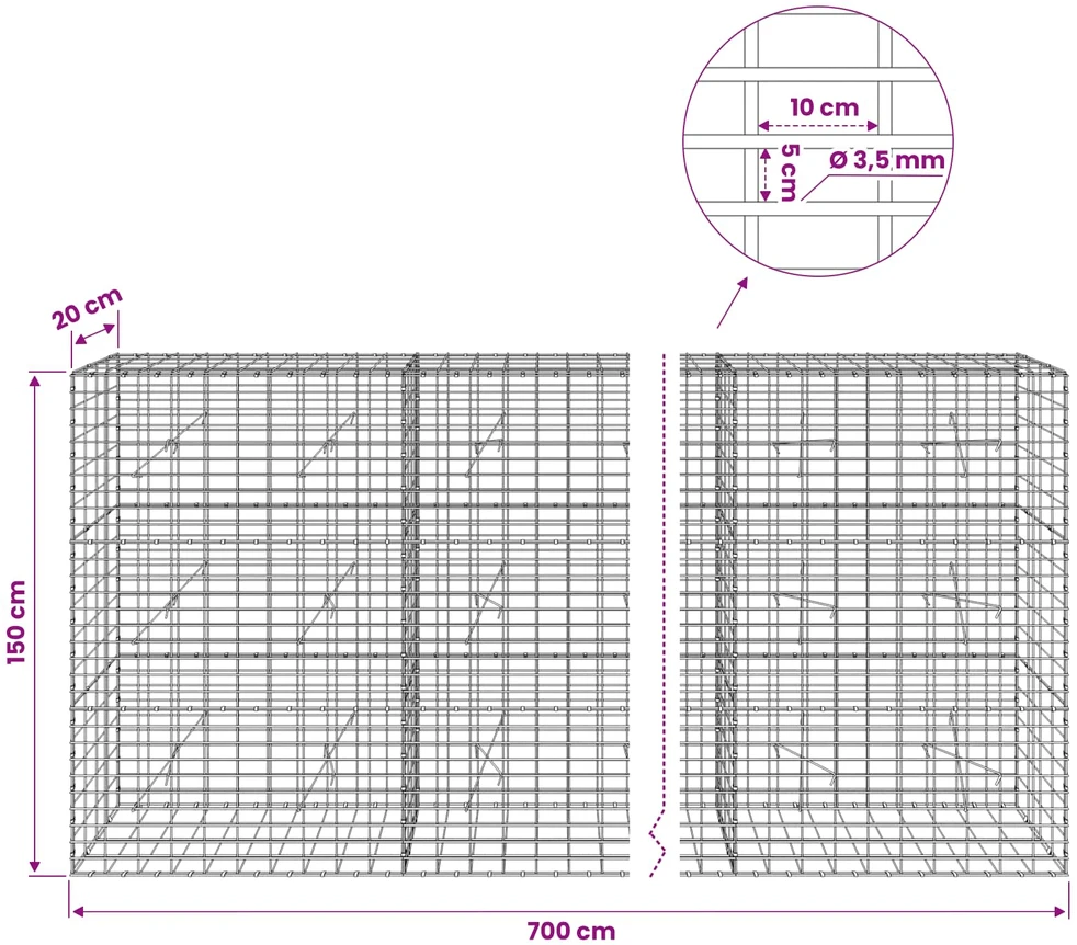 Gabionas su 3,5 mm viela ir 5x10 cm tinkleliu 700x20x150 cm