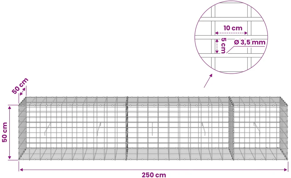 Gabionas su 3,5 mm viela ir 5x10 cm tinkleliu 250x50x50 cm
