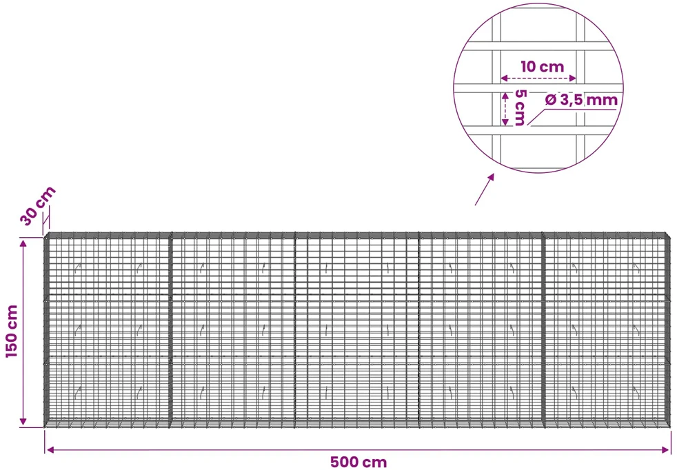 Gabionas su 3,5 mm viela ir 5x10 cm tinkleliu 500x30x150 cm