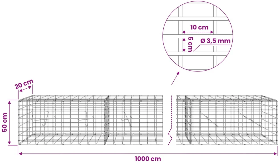 Gabionas su 3,5 mm viela ir 5x10 cm tinkleliu 1000x20x50 cm