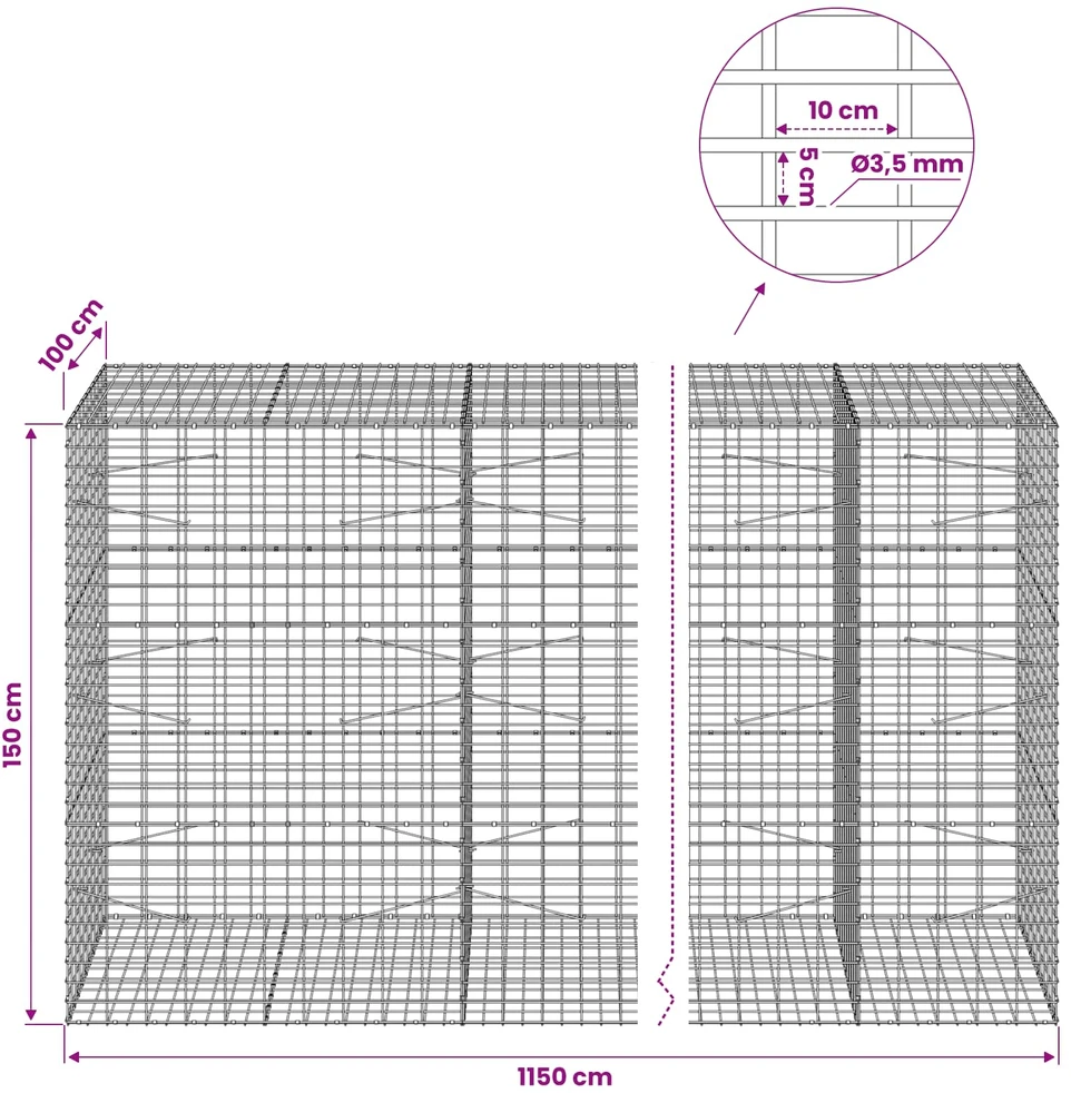 Gabionas su 3,5 mm viela ir 5x10 cm tinkleliu 1150x100x150 cm
