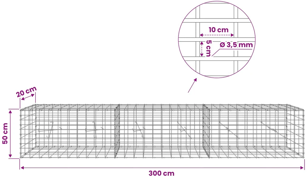 Gabionas su 3,5 mm viela ir 5x10 cm tinkleliu 300x20x50 cm