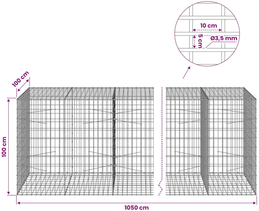 Gabionas su 3,5 mm viela ir 5x10 cm tinkleliu 1050x100x100 cm